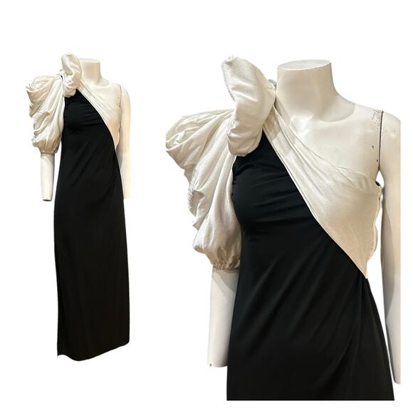 Vintage 1980s One-Shoulder Black Gown with Dramatic Puff Sleeve / Small - - Picture 1 of 4